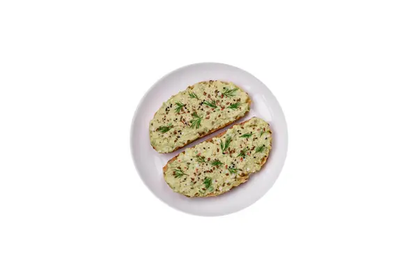 Gegrilde Toast Met Avocado Pasta Eieren Roomkaas Zout Specerijen Kruiden — Stockfoto