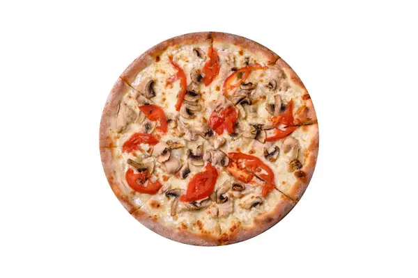 Pizza Deliciosa Com Frango Tomate Queijo Com Sal Molho Fundo — Fotografia de Stock