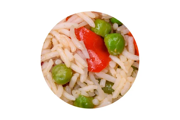 Heerlijke Gekookte Rijst Met Paprika Erwten Aspergebonen Wortelen Een Getextureerde — Stockfoto