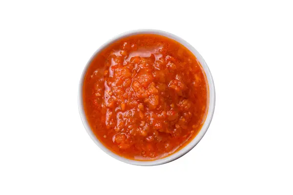 Delicious Spicy Tomato Sauce Pepper Garlic Salt Spices Herbs White — Stock Photo, Image