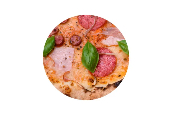 Delicioso Forno Fresco Assado Pizza Com Salame Carne Queijo Tomates — Fotografia de Stock