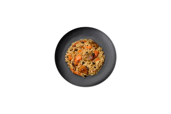 Köstliche Frische Pilaf Mit Reis Karotten Fleisch Zwiebeln Gewürzen Und — Stockfoto