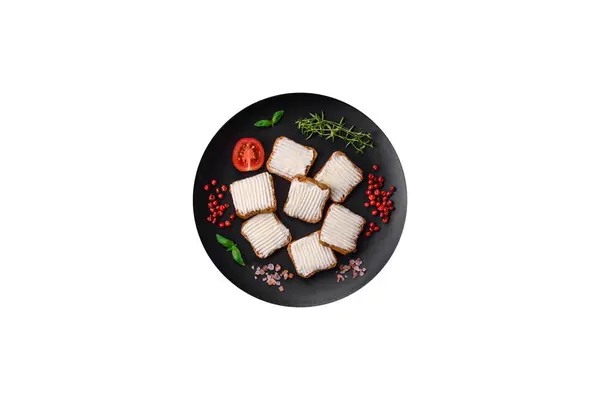 Delicious Salty Rectangular Wheat Croutons Cream Cheese Tomatoes Salt Spices — Stock Photo, Image
