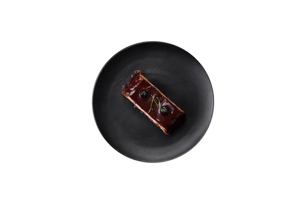 Heerlijke Zoete Dessert Cheesecake Met Gekonfijte Vruchten Chocolade Een Donkere — Stockfoto