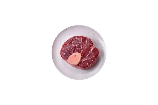 Fresh Raw Beef Steak Bone Ossobuco Salt Spices Herbs Dark — Stockfoto