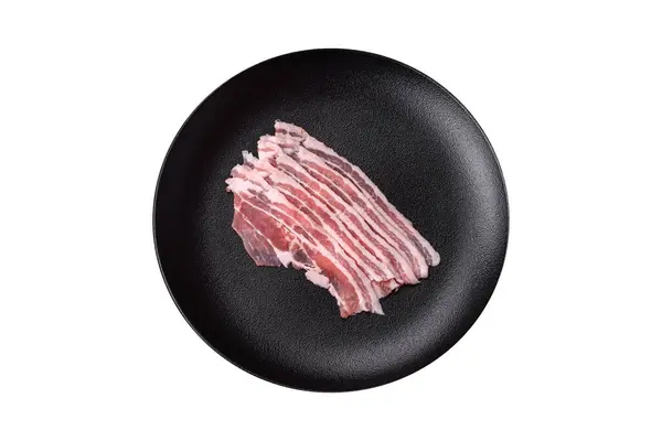 Verse Rauwe Bacon Plakjes Gesneden Met Zout Specerijen Kruiden Een — Stockfoto