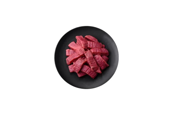 Juicy Fresh Raw Beef Meat Salt Spices Herbs Dark Textured — Stock Photo, Image