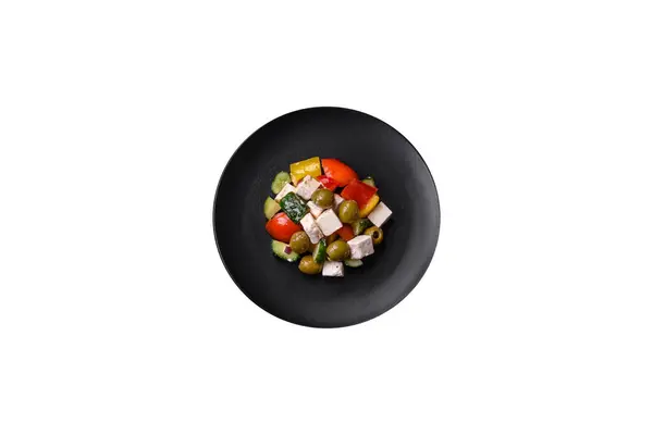 Délicieuse Salade Grecque Fraîche Juteuse Avec Fromage Feta Olives Tomates — Photo