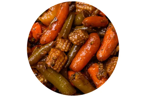 Mischung Aus Gemüse Mais Karotten Paprika Brokkoli Zwiebeln Teriyaki Sauce — Stockfoto