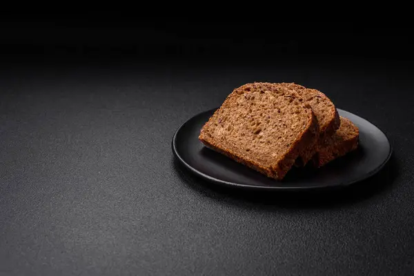 Delicious Fresh Crispy Brown Bread Grains Seeds Dark Concrete Background — Stock Photo, Image