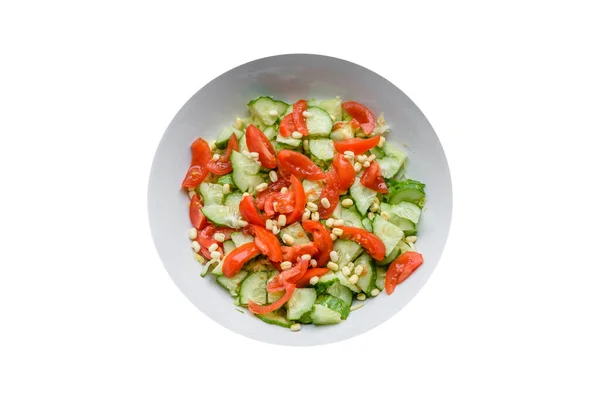 Deliciosa Ensalada Fresca Pepino Rodajas Tomate Con Frijoles Mungo Sal — Foto de Stock
