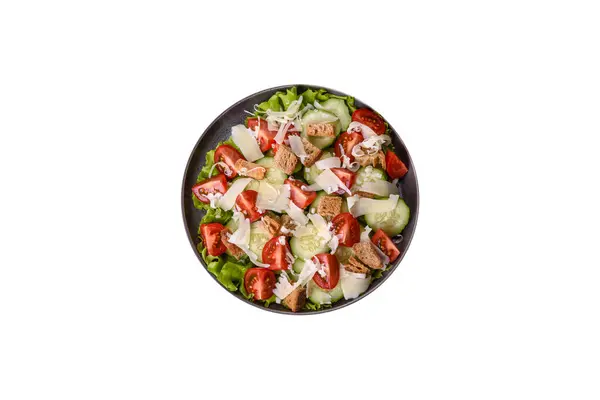 Delicious Spring Fresh Vegetable Salad Cherry Tomatoes Cucumber Breadcrumbs Parmesan — 스톡 사진