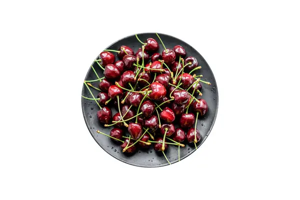 Fresh Red Cherries Fruit Plate White Background Close — Stock Photo, Image