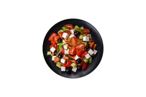 Ensalada Griega Fresca Con Tomate Pepino Pimiento Aceitunas Queso Feta — Foto de Stock