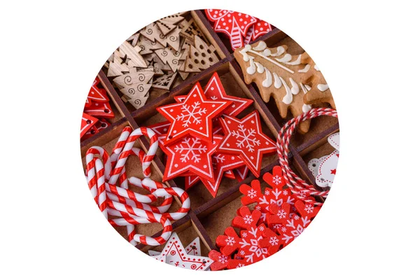 Christmas Toys White Red Wooden Sectional Box Dark Concrete Background — Stockfoto