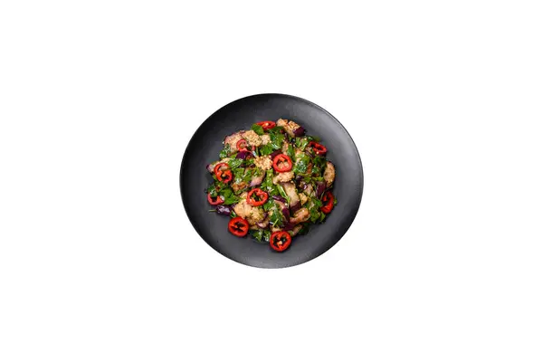 Salad Baked Aubergine Sweet Pepper Garlic Zucchini Parsley Black Plate — Foto de Stock