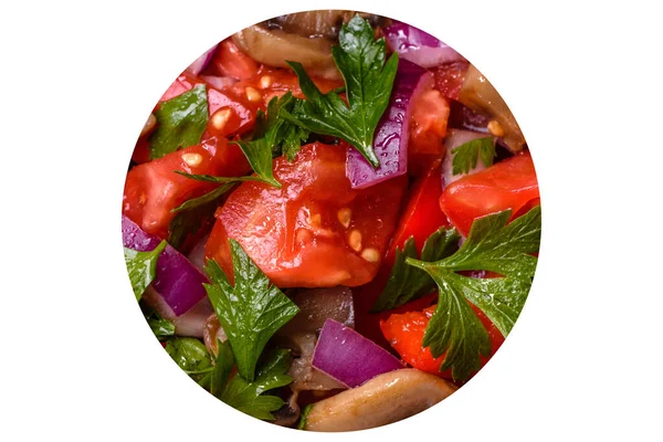 Salad Baked Mushrooms Tomatoes Onions Parsley Spices Herbs Black Plate — Stok Foto