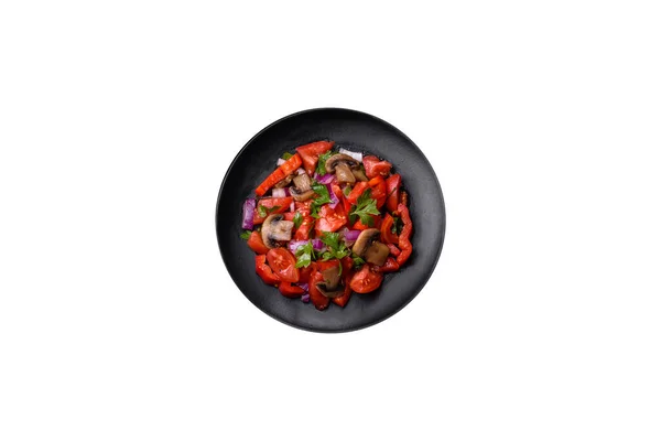 Salad Baked Mushrooms Tomatoes Onions Parsley Spices Herbs Black Plate — Fotografia de Stock