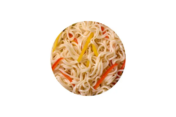 Delicious Fresh Rice Noodles Shrimp Spices Herbs Dark Concrete Background — Stock Photo, Image
