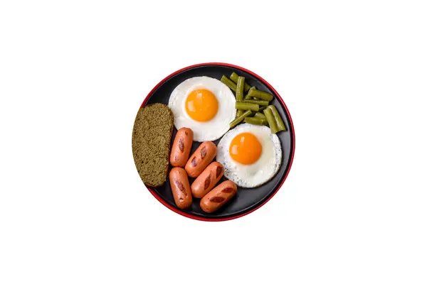 Tasty English Breakfast Fried Eggs Beans Asparagus Sausages Spices Herbs — Stock Photo, Image