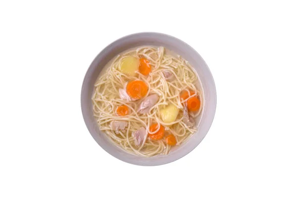 Вкусный Суп Лапшой Курицей Морковью Специями Травами Темно Бетонном Фоне — стоковое фото