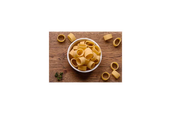 Raw Uncooked Pasta White Ceramic Bowl Spices Herbs Dark Concrete — Photo