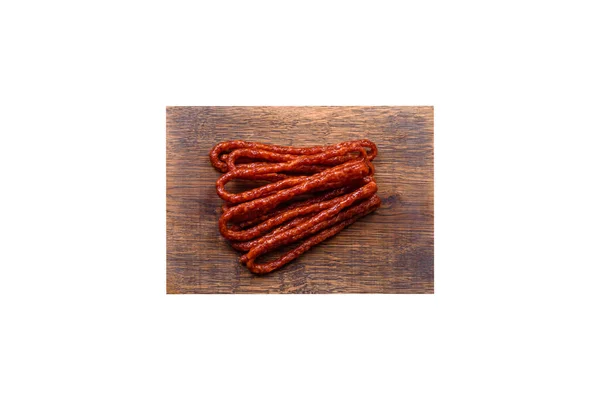 Deliciosas Salsichas Finas Carne Defumada Com Especiarias Ervas Fundo Concreto — Fotografia de Stock