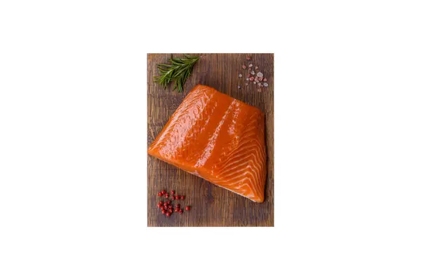 Fillet Raw Red Salmon Fish Salt Spices Herbs Dark Concrete — Stock Photo, Image