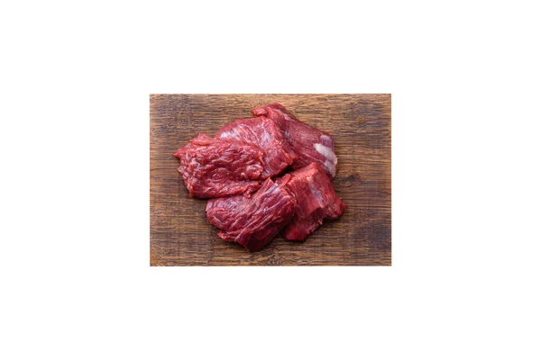Raw Beef Cut Several Pieces Wooden Cutting Board Dark Concrete — Foto Stock