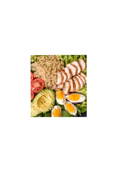 Delicious Healthy Lunch Consisting Chicken Avocado Quinoa Eggs Tomatoes Lettuce — Stock Photo, Image