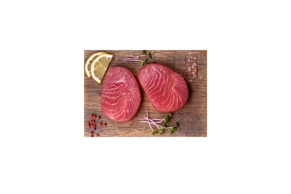 Two Fresh Slices Raw Tuna Fillet Spices Herbs Dark Concrete — Stock Photo, Image