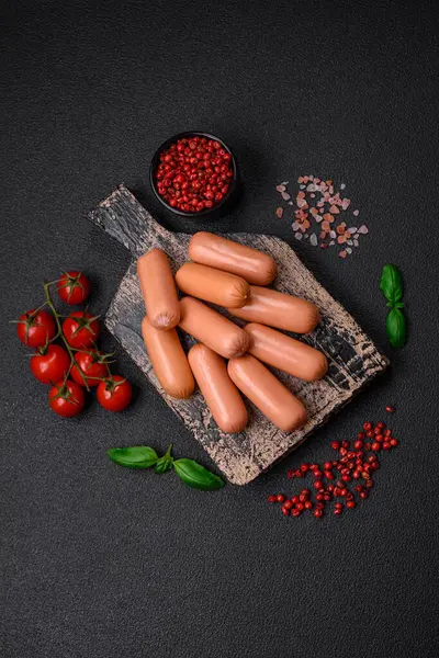 Delicious fresh vegetarian sausage or sausage made from vegetable protein tofu or seitan legumes, lean wheat with salt and spices on texture background
