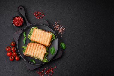 Tost, somon, avokado, domates, tuz, baharat ve çimento kaplı lezzetli çıtır sandviçler.