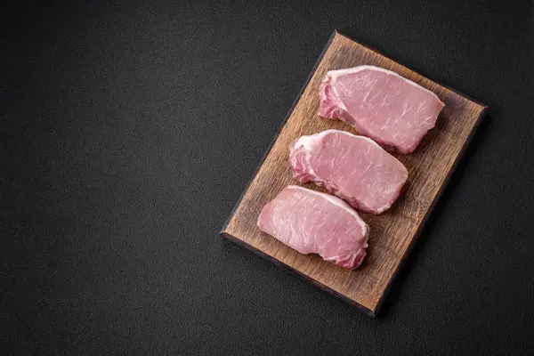 Raw Fresh Pork Meat Steak Salt Spices Herbs Wooden Cutting — Stock Photo, Image
