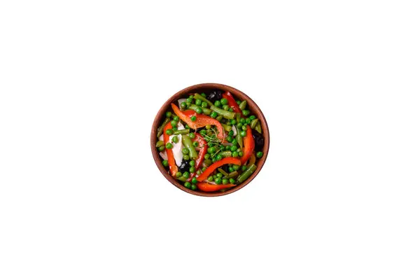 Вкусный Свежий Салат Зеленой Фасоли Гороха Сладкого Перца Сыра Солью — стоковое фото