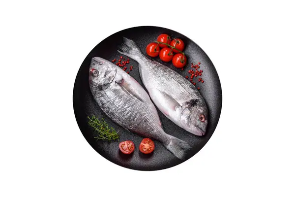 Fresh Raw Dorada Fish Salt Spices Herbs Dark Concrete Background — Stock Photo, Image