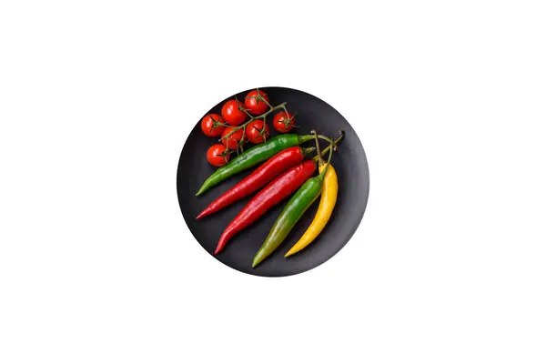 Hot Chili Peppers Three Different Colors Red Green Yellow Ingredient — Stock Photo, Image