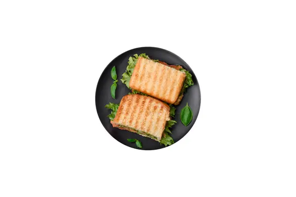 Вкусный Хрустящий Сэндвич Тостами Лососем Авокадо Помидорами Солью Специями Травами — стоковое фото