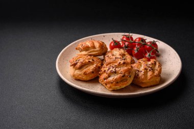 Sosisli çıtır çıtır mini puflar ya da koyu beton arka planda tuzlu et, kekik ve susam.