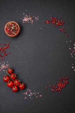 Ingredients salt, spices, herbs and tomatoes on a dark concrete background. Cooking at home
