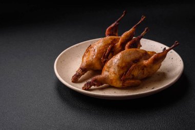 Kavrulmuş bıldırcın, keklik ya da portakalla doldurulmuş koyu beton arka planda baharat ve otlarla dolu güvercin.