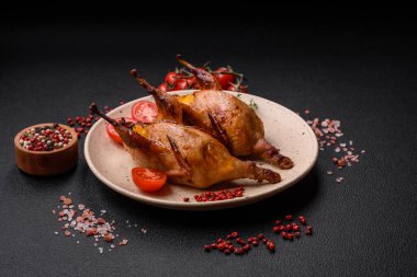 Kavrulmuş bıldırcın, keklik ya da portakalla doldurulmuş koyu beton arka planda baharat ve otlarla dolu güvercin.