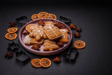 Delicious gingerbread cookies with honey, ginger and cinnamon. Winter composition