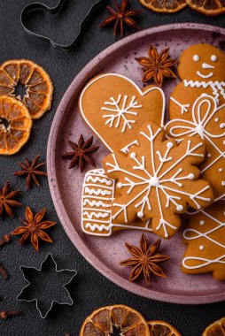Delicious gingerbread cookies with honey, ginger and cinnamon. Winter composition