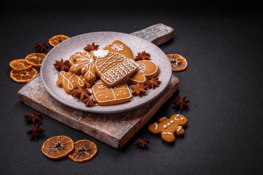 Delicious gingerbread cookies with honey, ginger and cinnamon. Winter composition