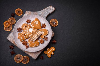 Delicious gingerbread cookies with honey, ginger and cinnamon. Winter composition