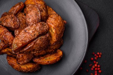 Sarımsak, tuz, baharat ve çimento kaplı lezzetli çıtır patatesler.