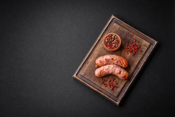 Lezzetli ızgara tavuk ya da koyu beton arka planda tuzlu ve baharatlı domuz sosisi.