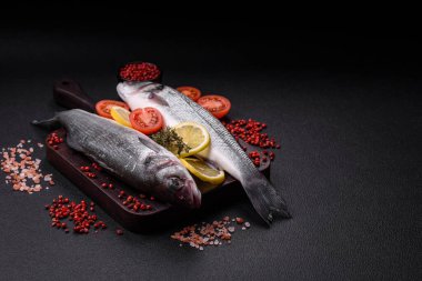 Taze çiğ okyanus levreği balığı. Tuz, baharat ve çimento arka planda bitkilerle birlikte.