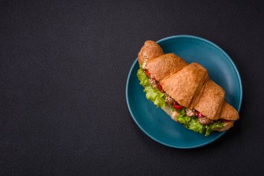 Lezzetli taze kruvasan, tavuk ya da sığır eti, marul, domates, baharat ve koyu beton arka planda sos.